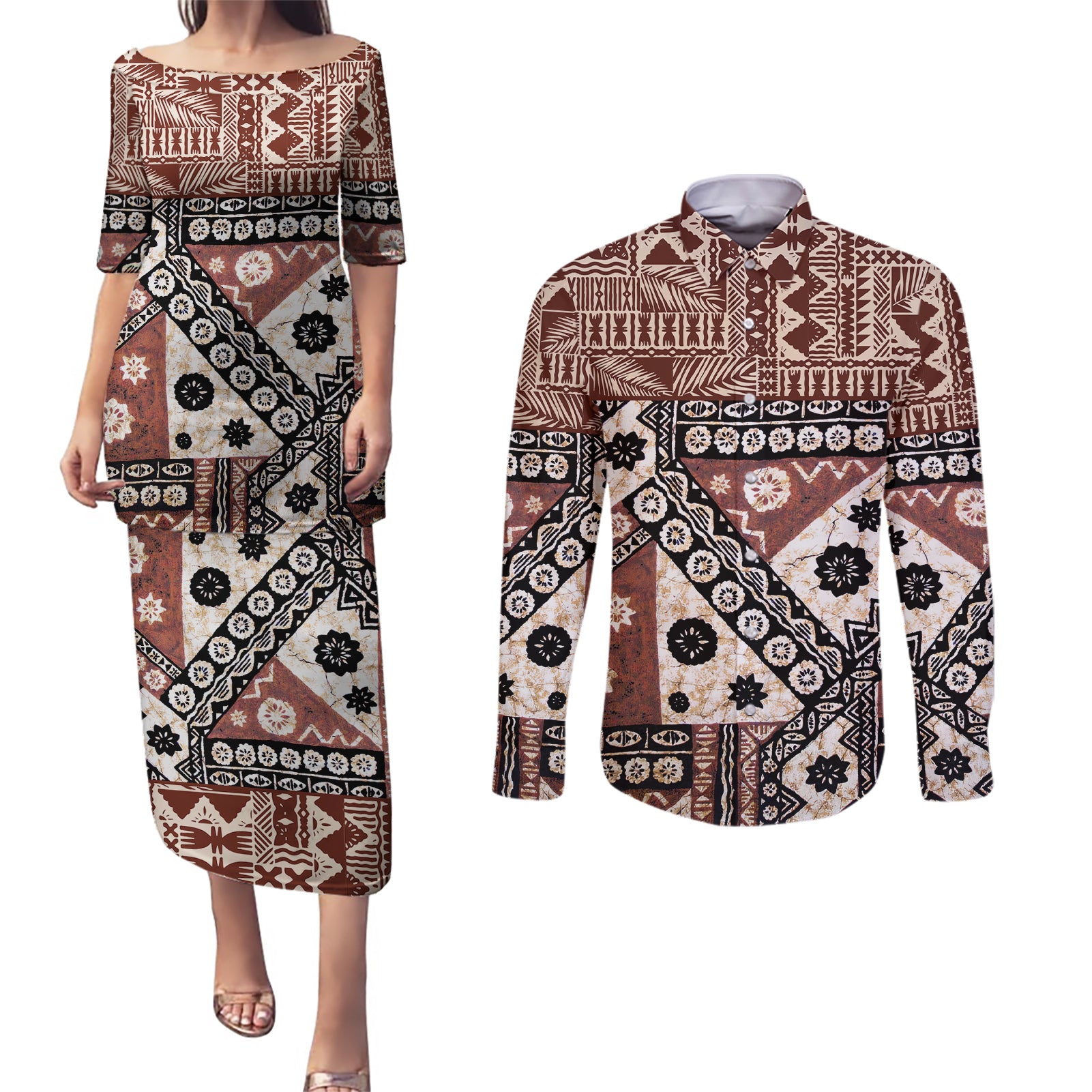 Bula Fiji Couples Matching Puletasi Dress and Long Sleeve Button Shirt Unique Masi Tapa Pattern LT14 Brown - Polynesian Pride