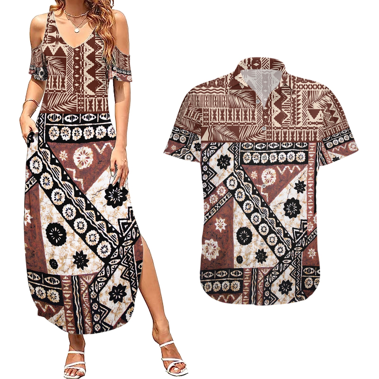 Bula Fiji Couples Matching Summer Maxi Dress and Hawaiian Shirt Unique Masi Tapa Pattern LT14 Brown - Polynesian Pride