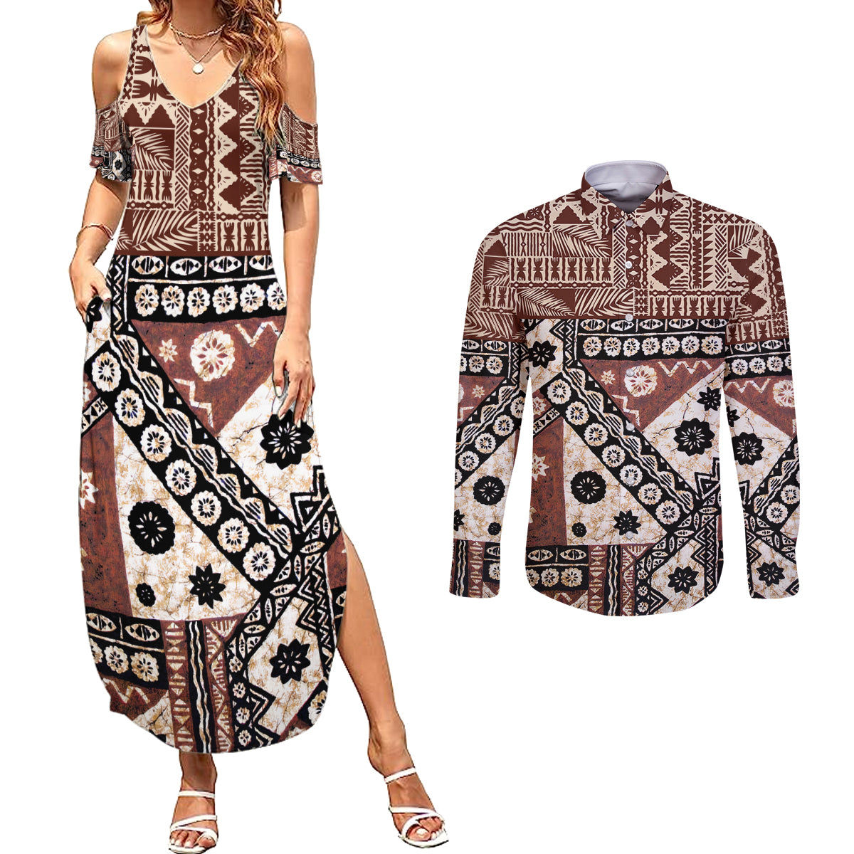 Bula Fiji Couples Matching Summer Maxi Dress and Long Sleeve Button Shirt Unique Masi Tapa Pattern LT14 Brown - Polynesian Pride