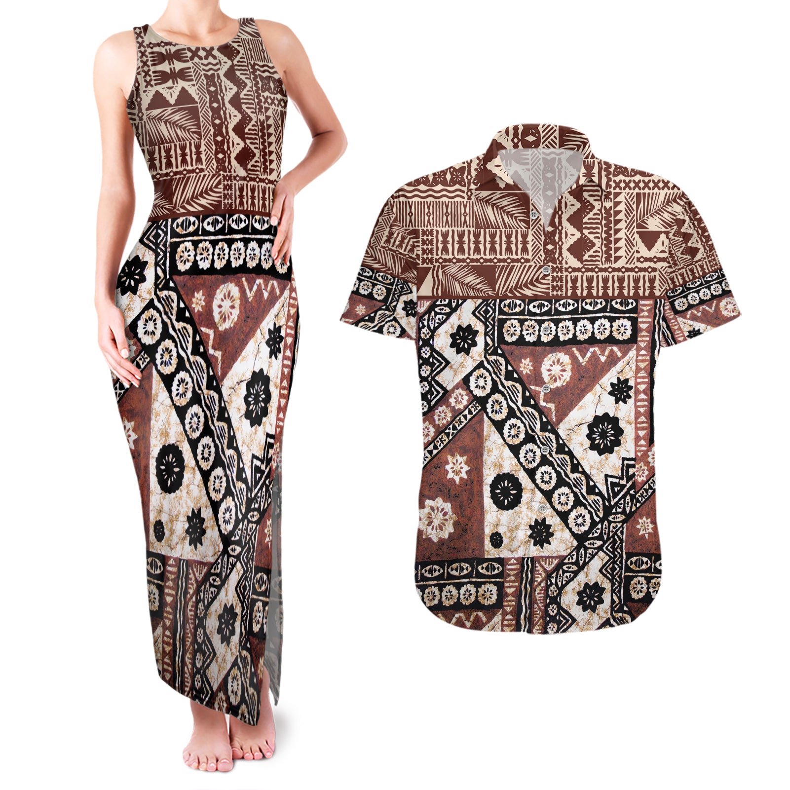 Bula Fiji Couples Matching Tank Maxi Dress and Hawaiian Shirt Unique Masi Tapa Pattern LT14 Brown - Polynesian Pride