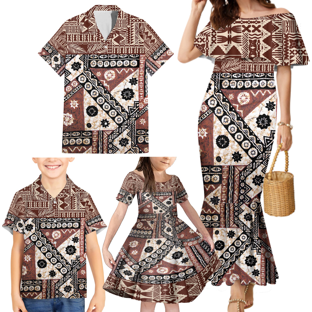 Bula Fiji Family Matching Mermaid Dress and Hawaiian Shirt Unique Masi Tapa Pattern LT14 - Polynesian Pride