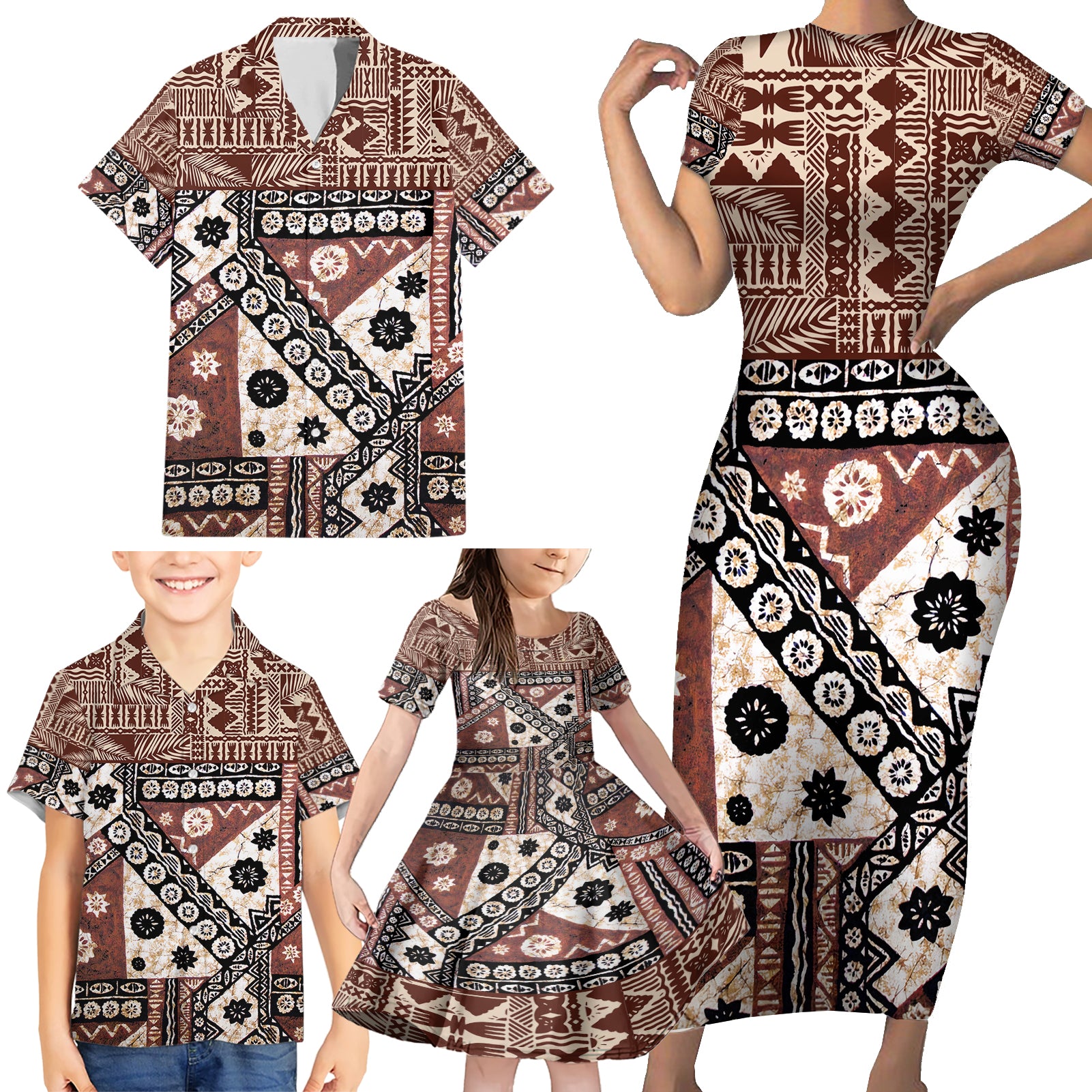 Bula Fiji Family Matching Short Sleeve Bodycon Dress and Hawaiian Shirt Unique Masi Tapa Pattern LT14 - Polynesian Pride