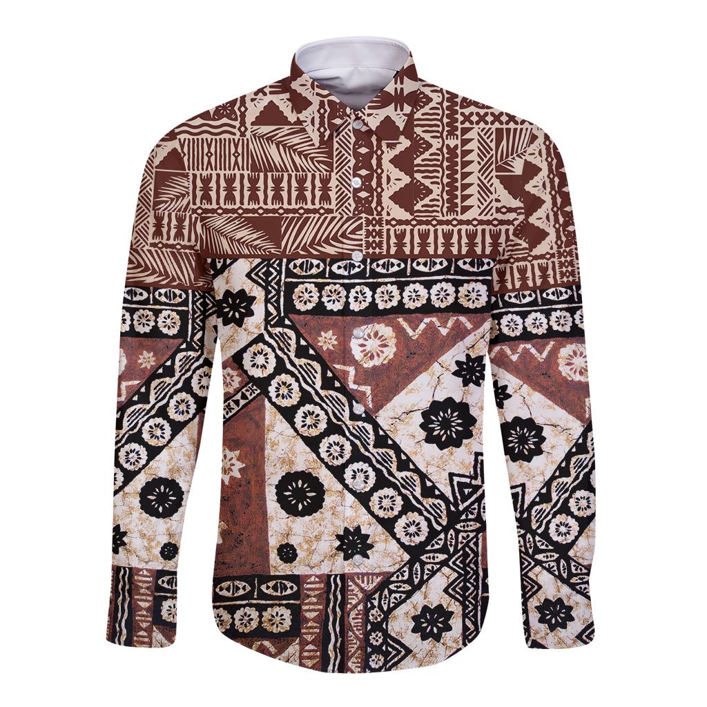 Bula Fiji Long Sleeve Button Shirt Unique Masi Tapa Pattern LT14 Unisex Brown - Polynesian Pride