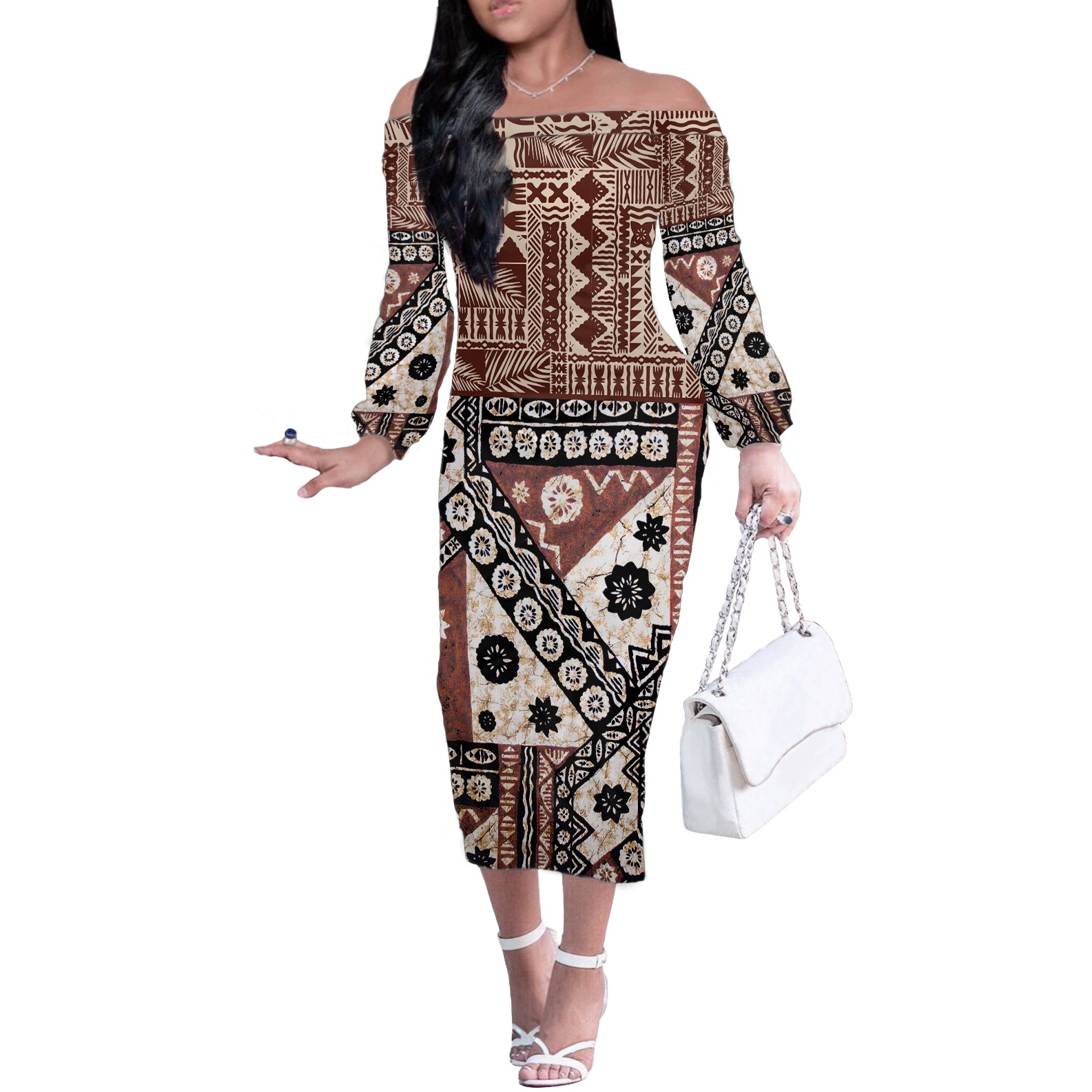 Bula Fiji Off The Shoulder Long Sleeve Dress Unique Masi Tapa Pattern LT14 Women Brown - Polynesian Pride