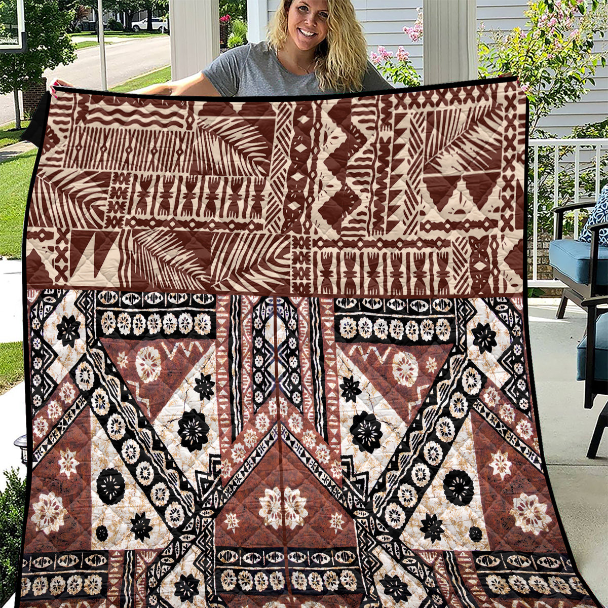 Bula Fiji Quilt Unique Masi Tapa Pattern LT14 Brown - Polynesian Pride