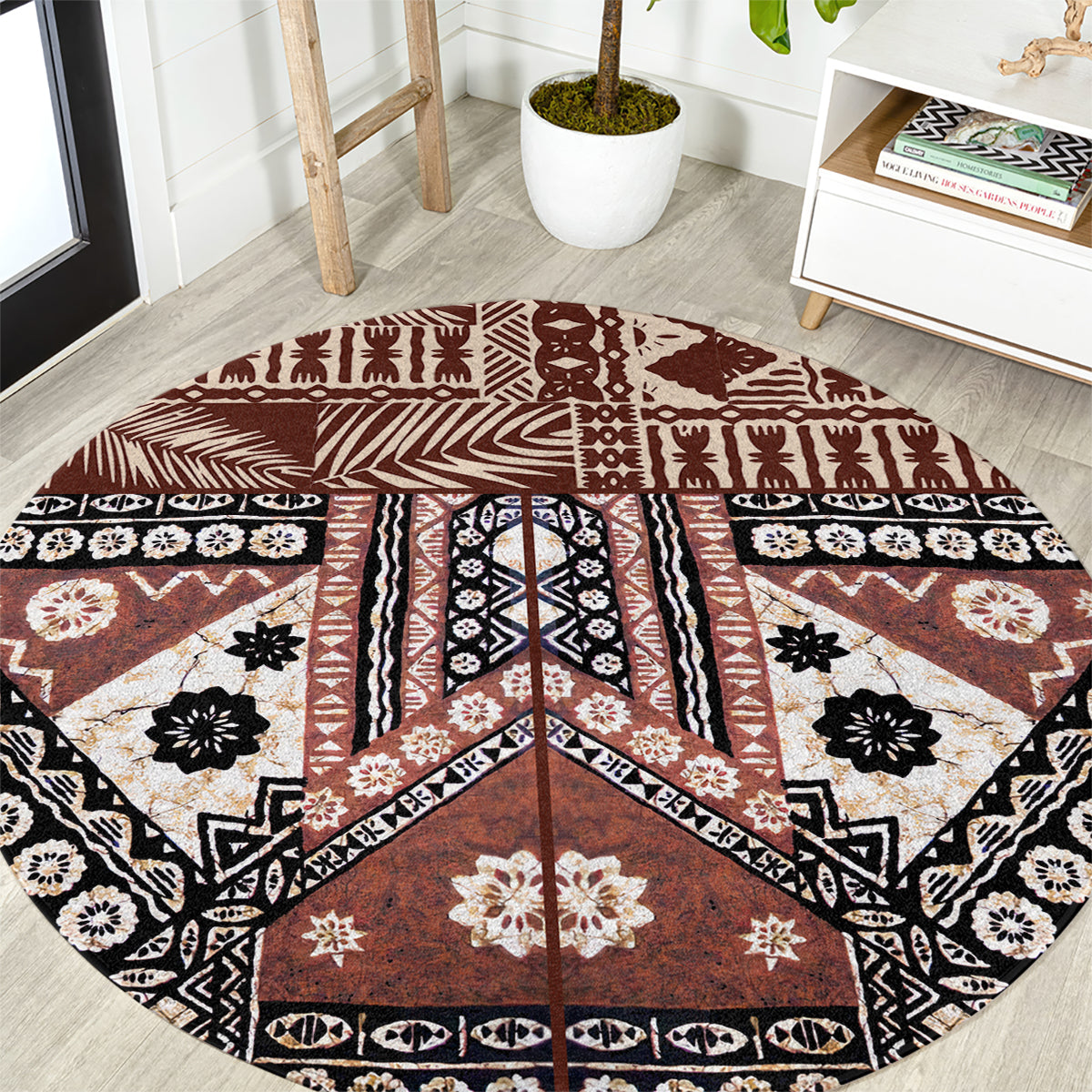 Bula Fiji Round Carpet Unique Masi Tapa Pattern LT14 Brown - Polynesian Pride