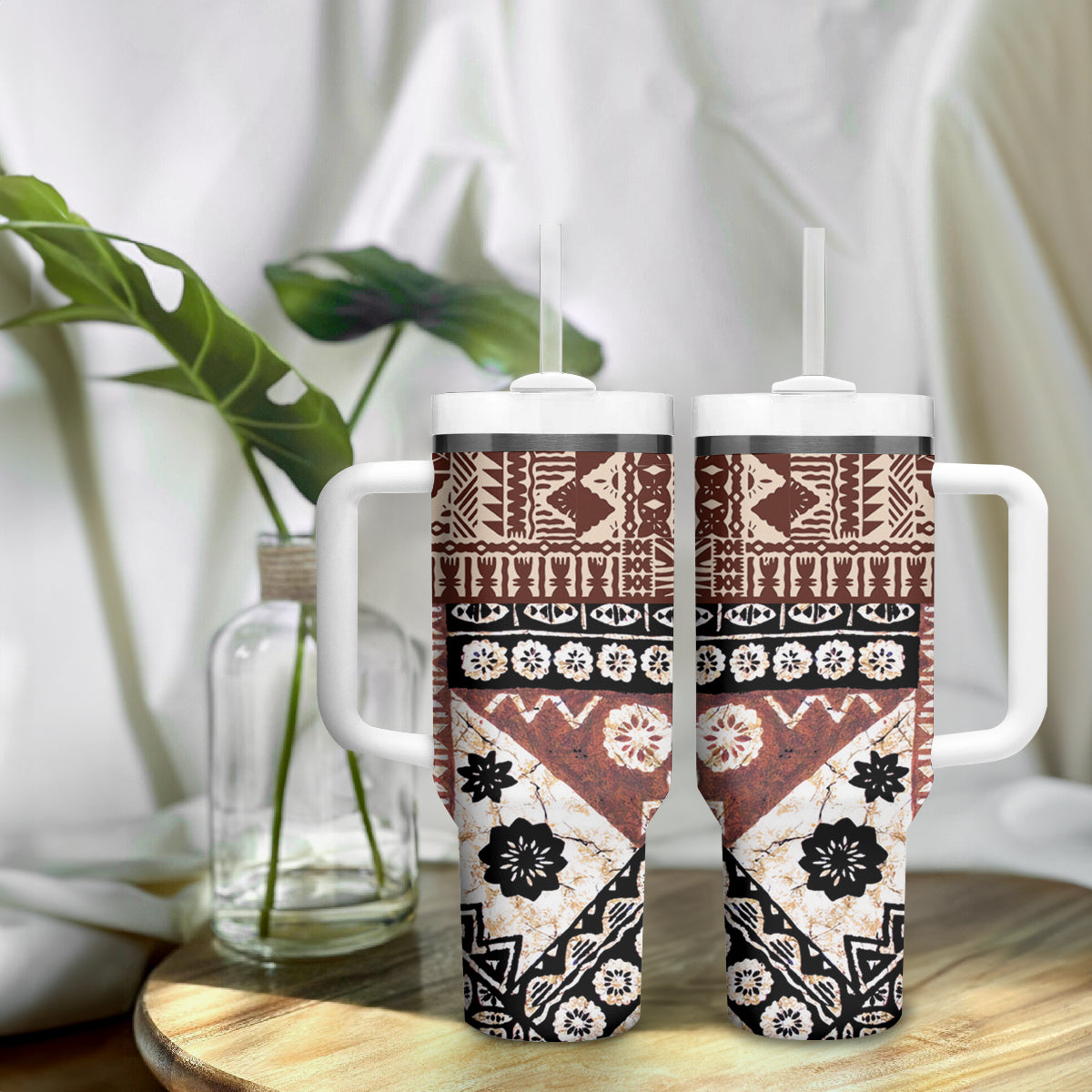 Bula Fiji Tumbler With Handle Unique Masi Tapa Pattern LT14 - Polynesian Pride