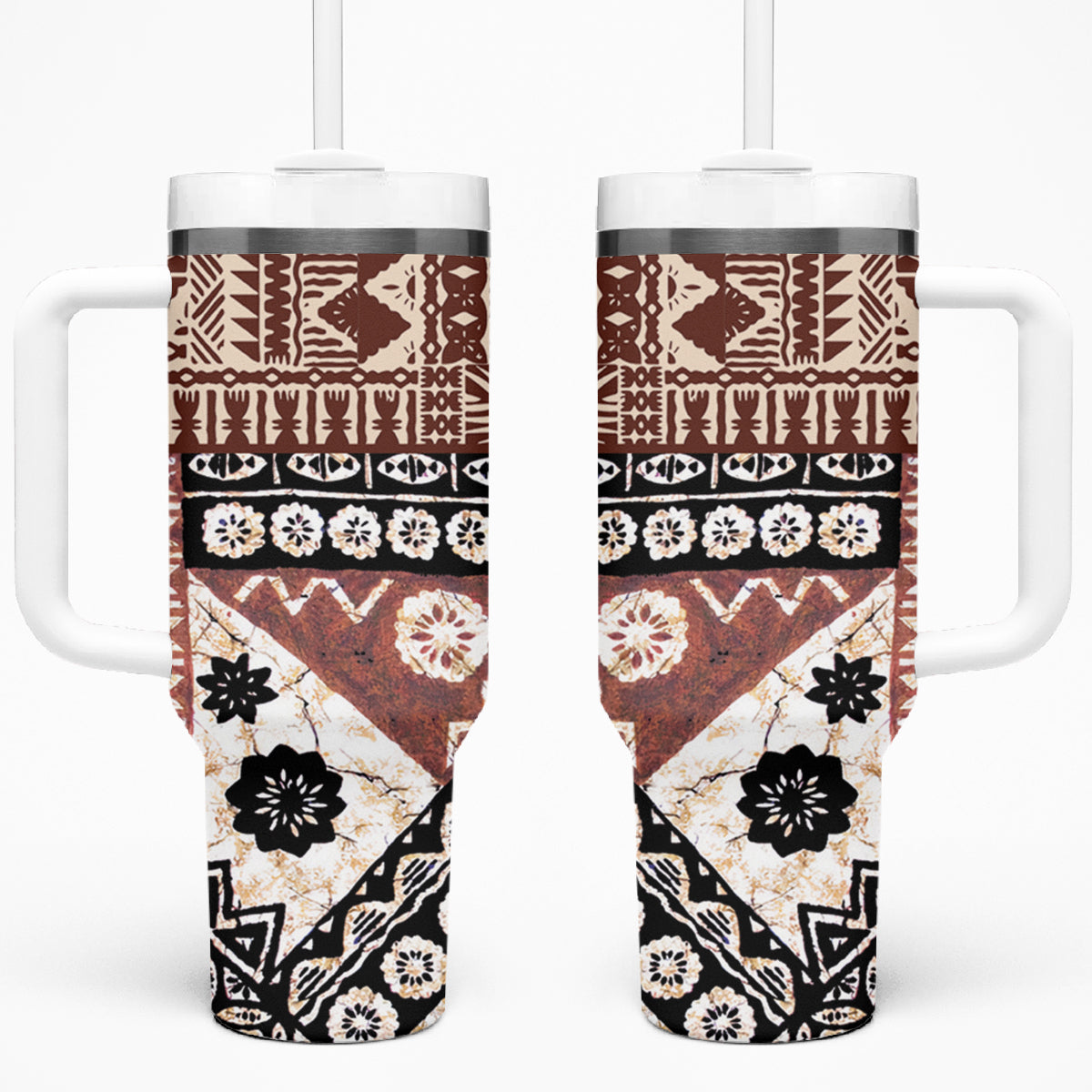 Bula Fiji Tumbler With Handle Unique Masi Tapa Pattern LT14 One Size: 40 oz Brown - Polynesian Pride