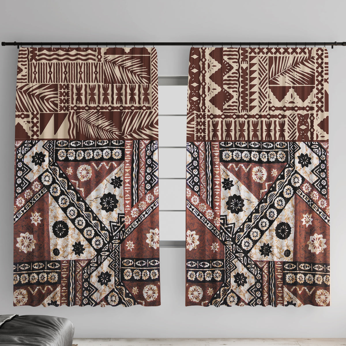 Bula Fiji Window Curtain Unique Masi Tapa Pattern LT14 With Hooks Brown - Polynesian Pride