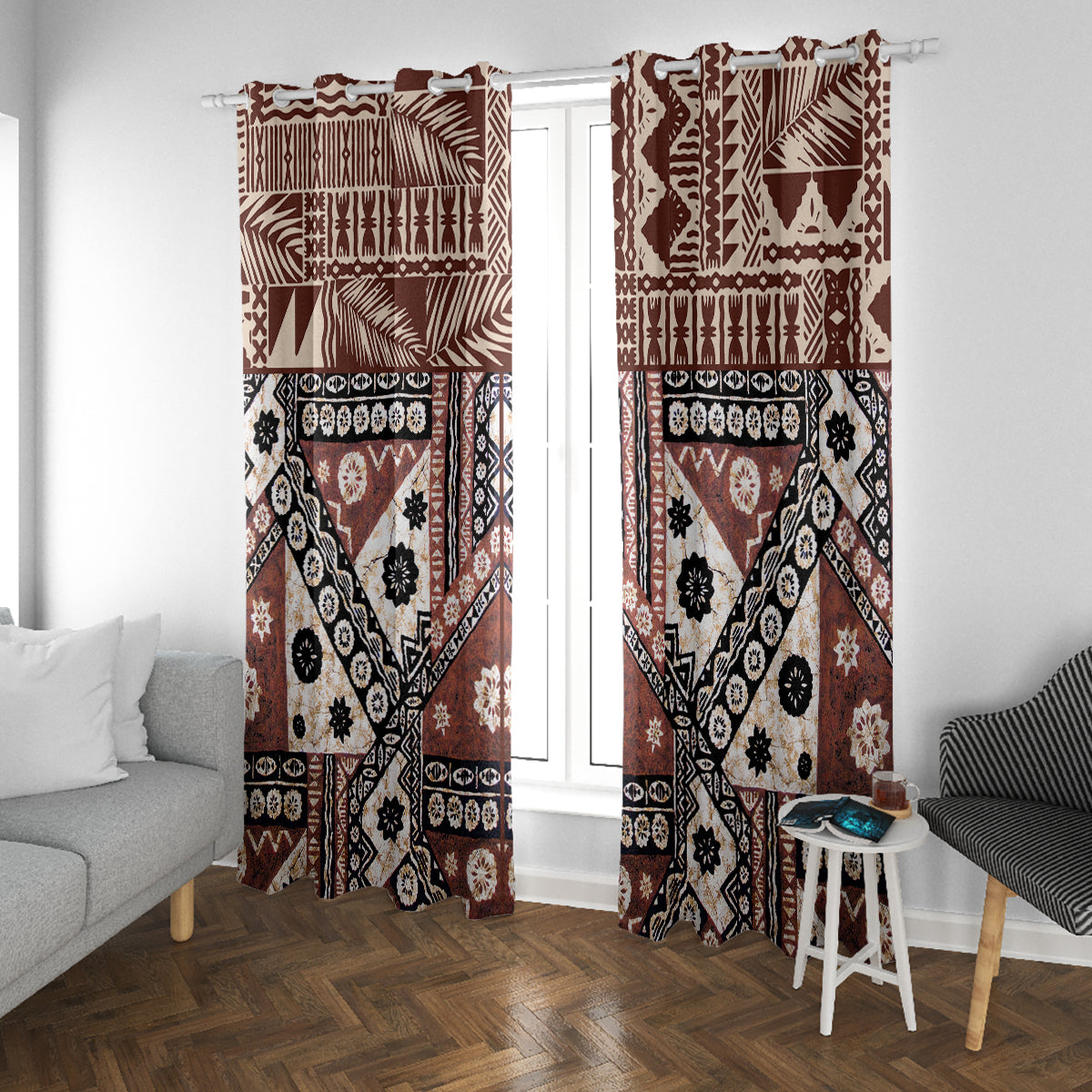 Bula Fiji Window Curtain Unique Masi Tapa Pattern LT14 With Grommets Brown - Polynesian Pride