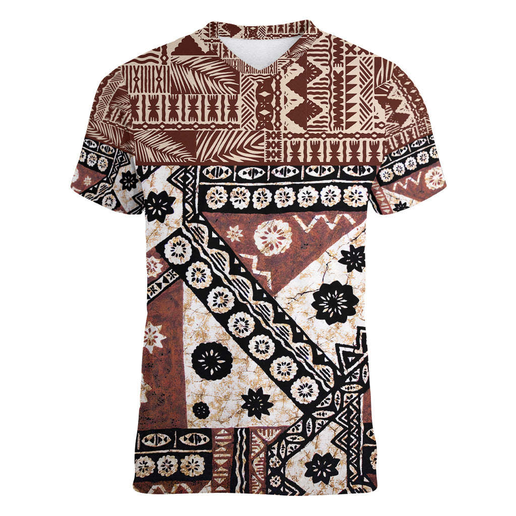 Bula Fiji Women V Neck T Shirt Unique Masi Tapa Pattern LT14 Female Brown - Polynesian Pride