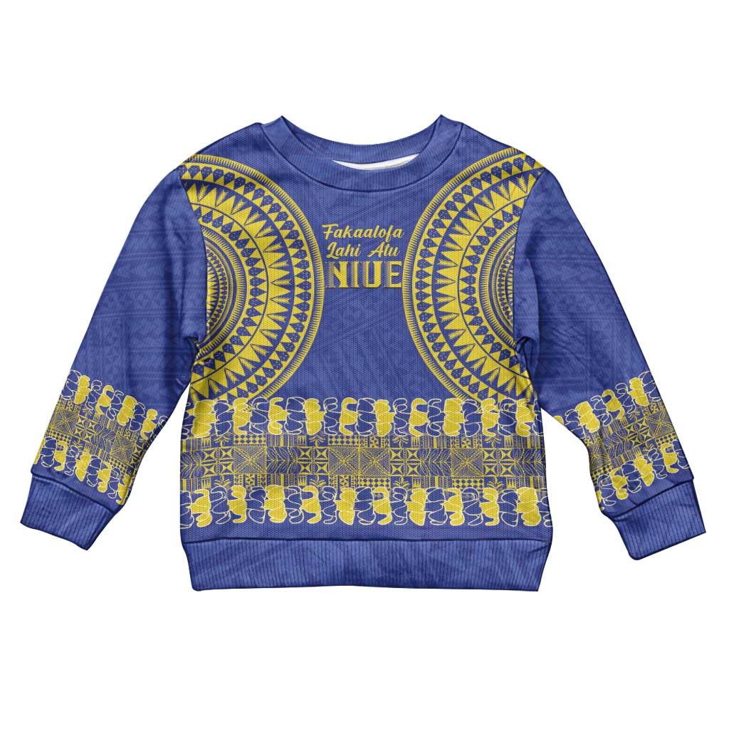 Fakaalofa Lahi Atu Niue Kid Ugly Christmas Sweater Siapo Pattern With Puakenikeni LT14 Kid Blue - Polynesian Pride