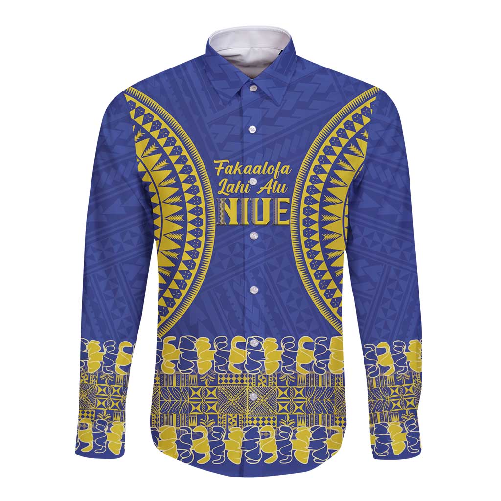 Fakaalofa Lahi Atu Niue Long Sleeve Button Shirt Siapo Pattern With Puakenikeni LT14 Unisex Blue - Polynesian Pride