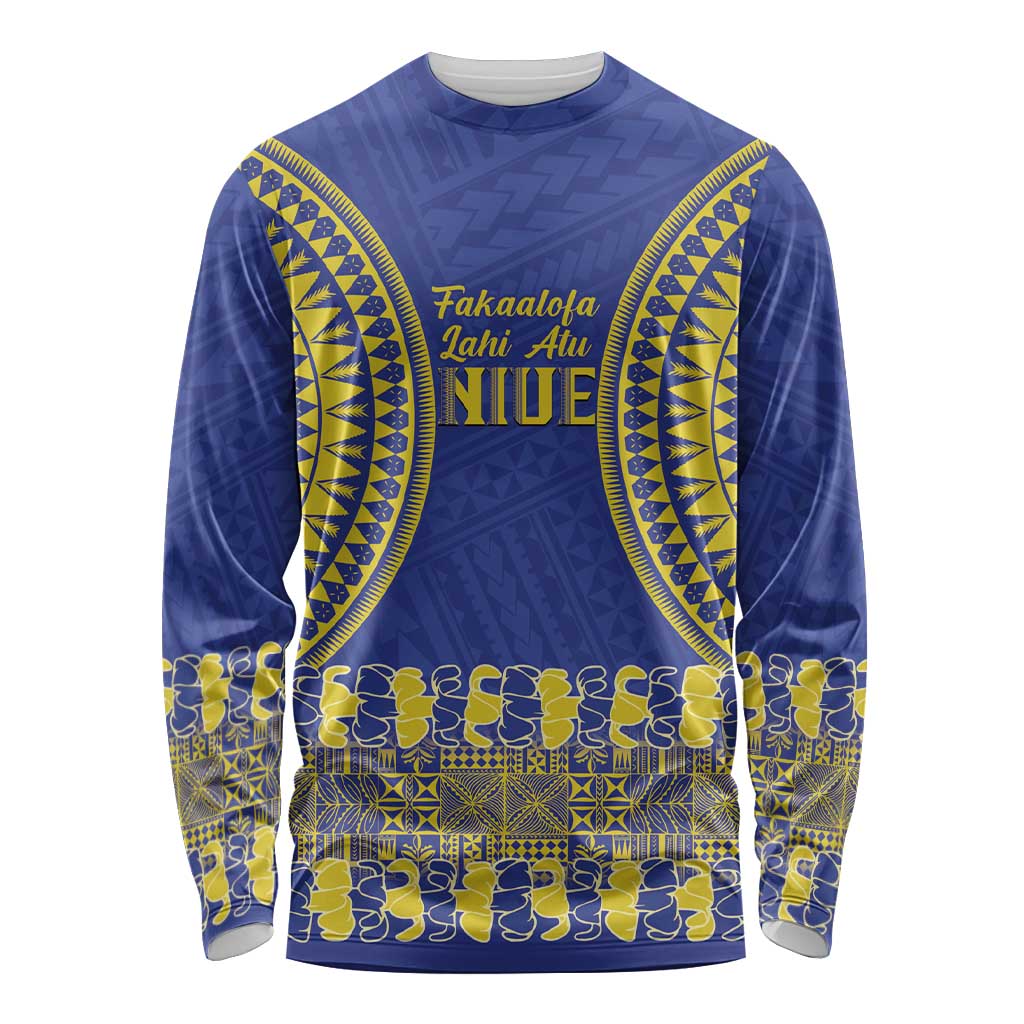 Fakaalofa Lahi Atu Niue Long Sleeve Shirt Siapo Pattern With Puakenikeni LT14 Unisex Blue - Polynesian Pride
