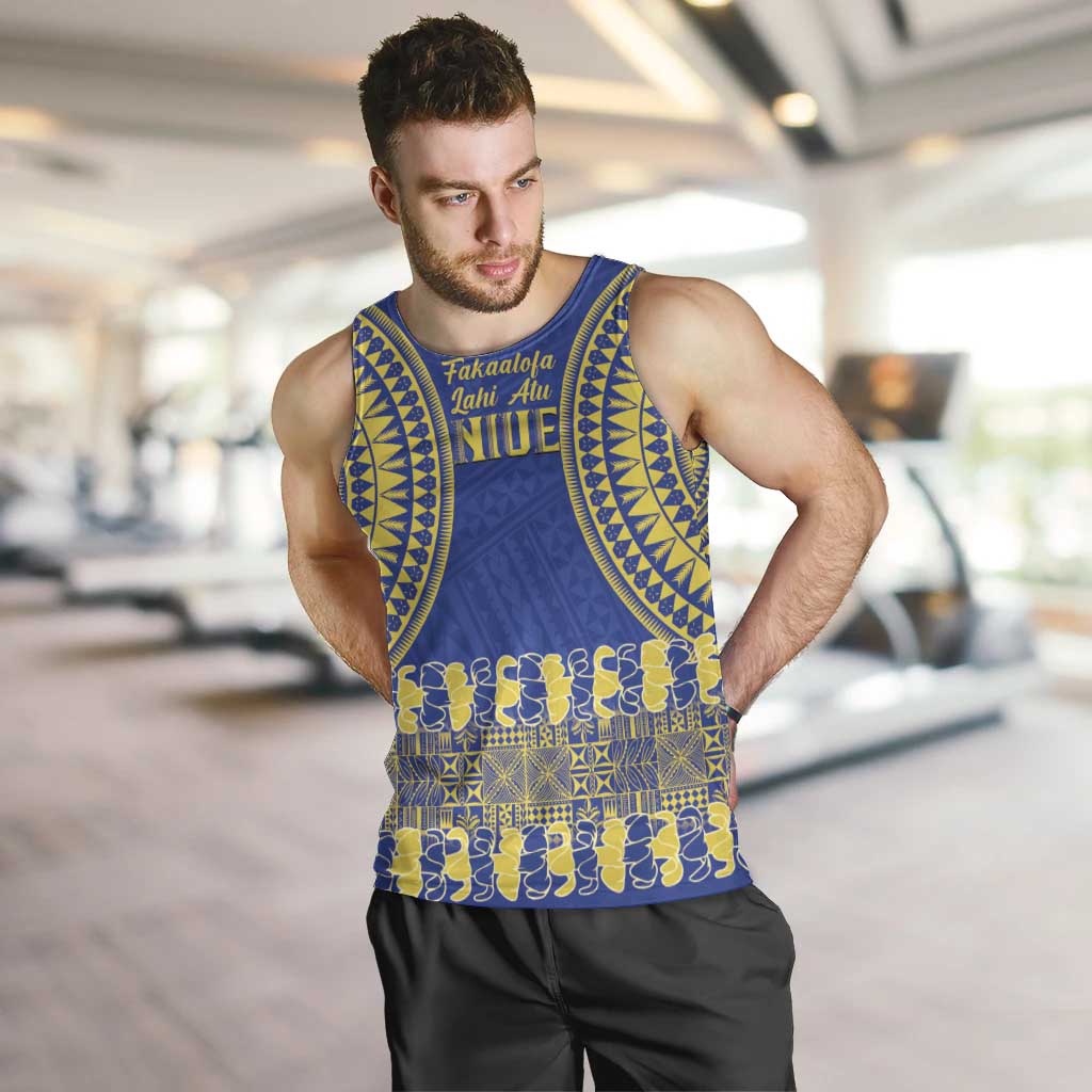 Fakaalofa Lahi Atu Niue Men Tank Top Siapo Pattern With Puakenikeni LT14 Blue - Polynesian Pride