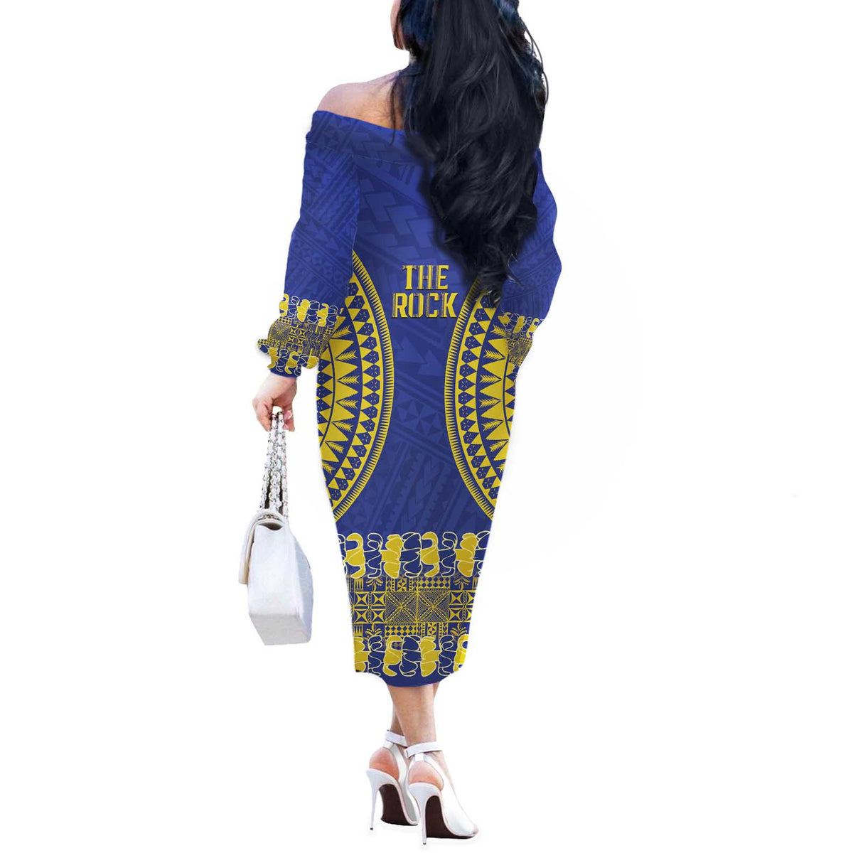 Fakaalofa Lahi Atu Niue Off The Shoulder Long Sleeve Dress Siapo Pattern With Puakenikeni LT14 - Polynesian Pride