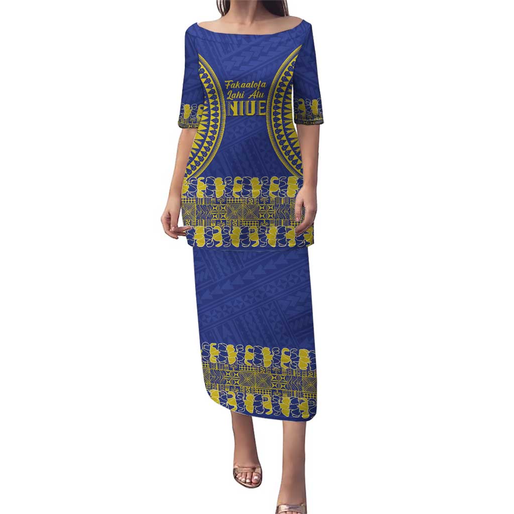 Fakaalofa Lahi Atu Niue Puletasi Siapo Pattern With Puakenikeni LT14 Long Dress Blue - Polynesian Pride