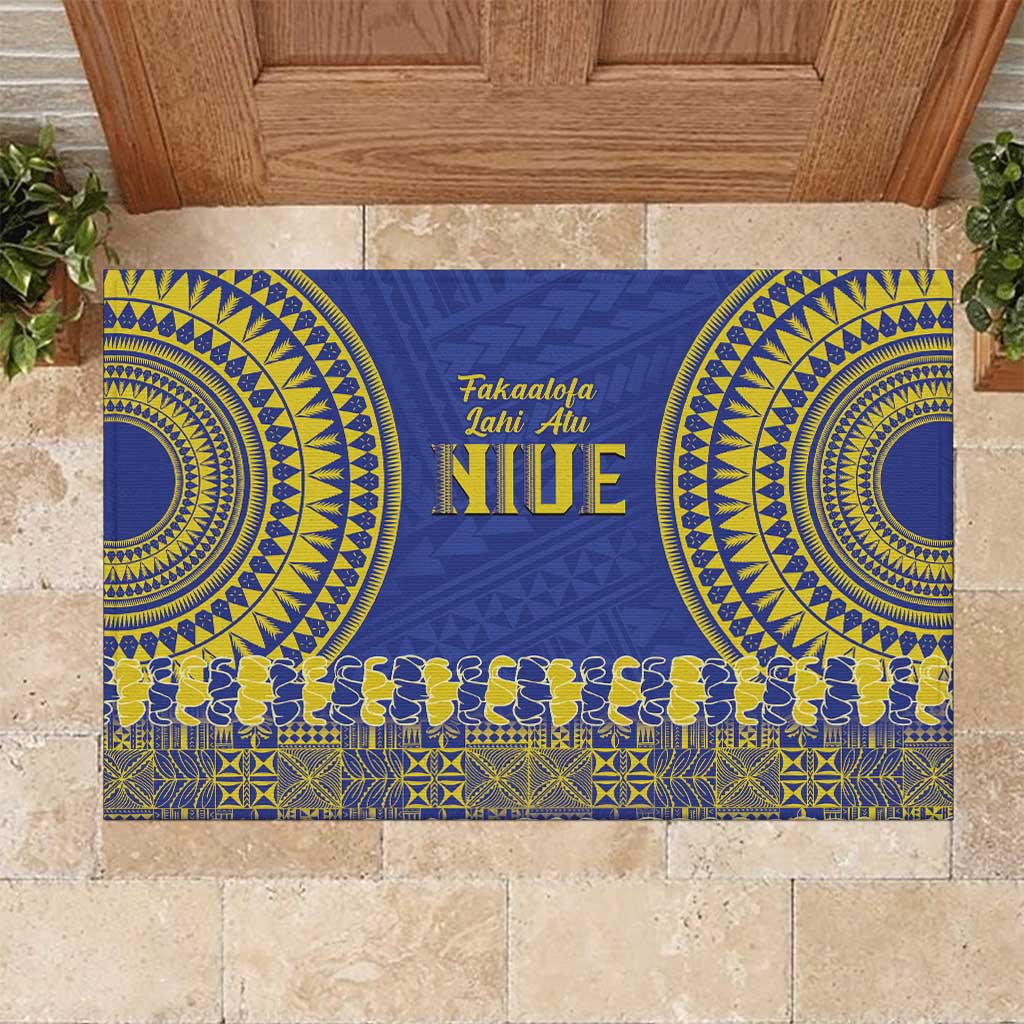Fakaalofa Lahi Atu Niue Rubber Doormat Siapo Pattern With Puakenikeni LT14 Blue - Polynesian Pride