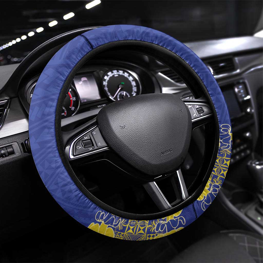 Fakaalofa Lahi Atu Niue Steering Wheel Cover Siapo Pattern With Puakenikeni LT14 Universal Fit Blue - Polynesian Pride