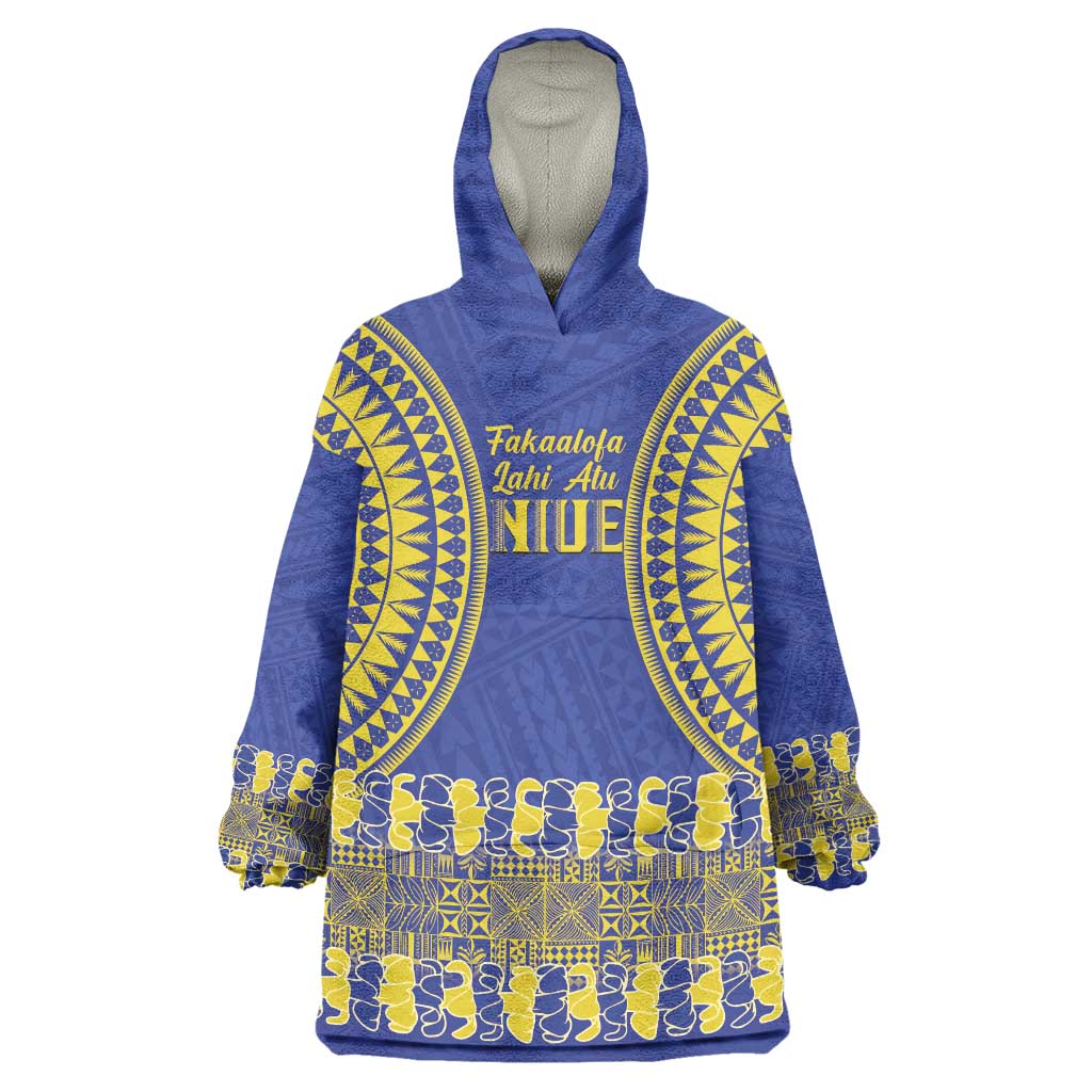 Fakaalofa Lahi Atu Niue Wearable Blanket Hoodie Siapo Pattern With Puakenikeni LT14 One Size Blue - Polynesian Pride