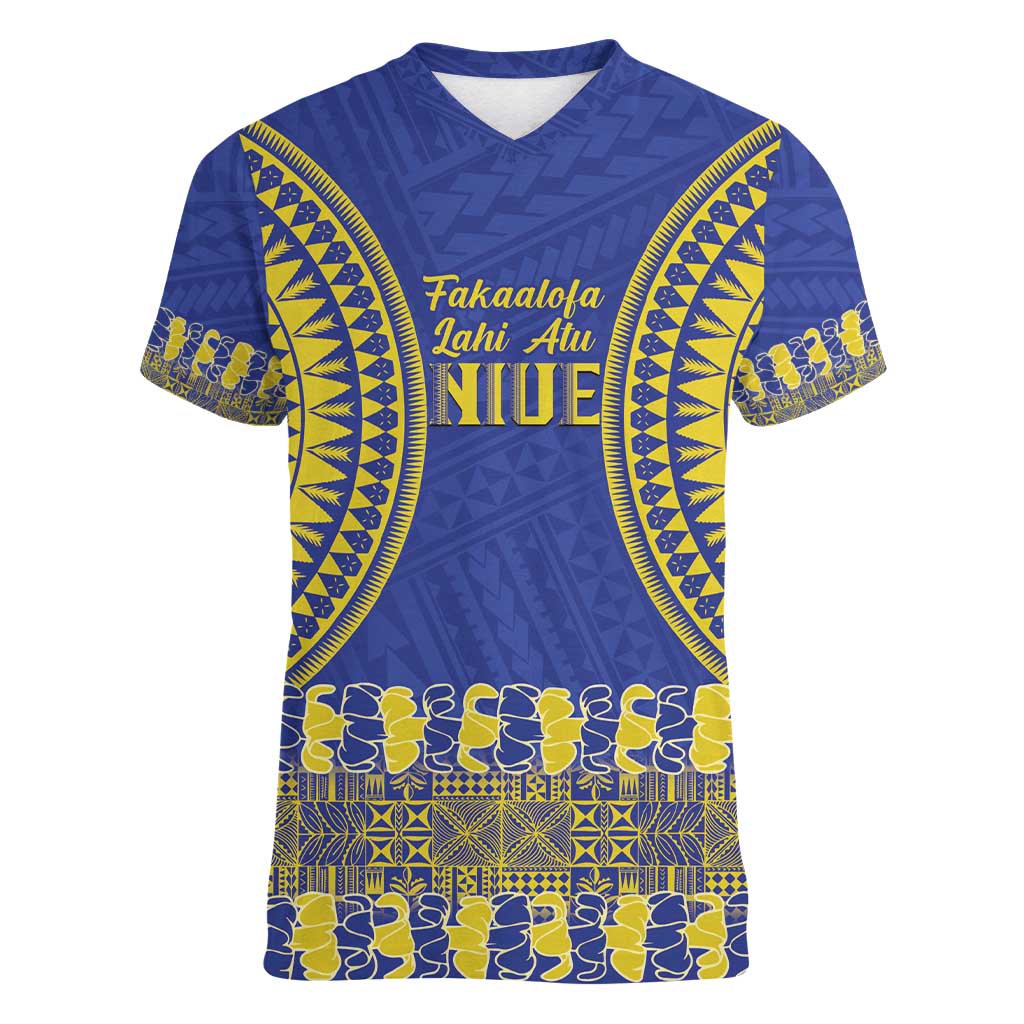 Fakaalofa Lahi Atu Niue Women V-Neck T-Shirt Siapo Pattern With Puakenikeni