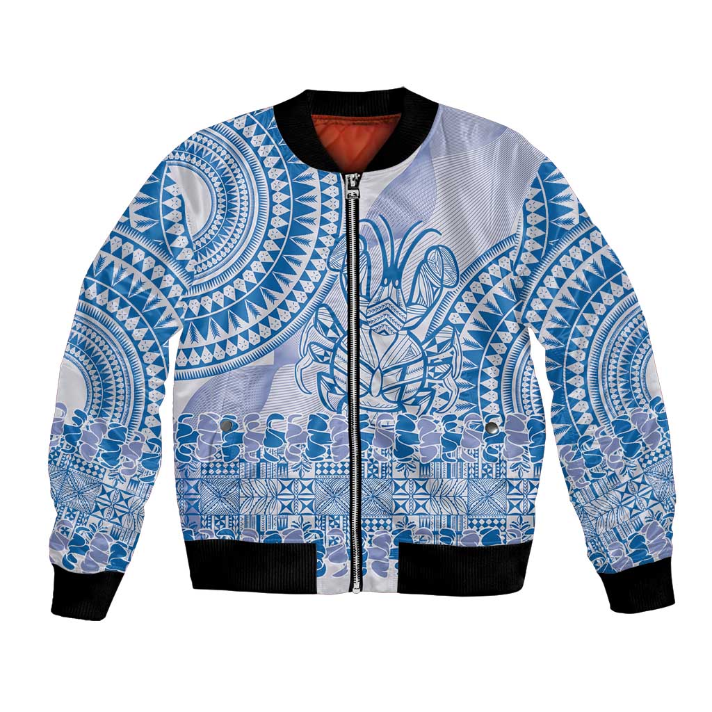 Niue Language Week Bomber Jacket The Rock Coconut Crab - Siapo Blue Pastel LT14 Unisex Blue - Polynesian Pride
