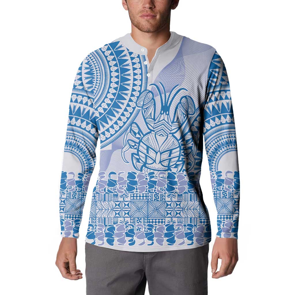 Niue Language Week Button Sweatshirt The Rock Coconut Crab - Siapo Blue Pastel LT14 - Polynesian Pride