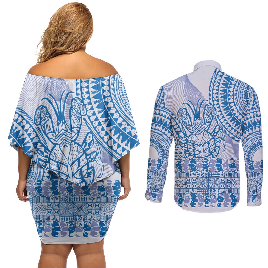 Niue Language Week Couples Matching Off Shoulder Short Dress and Long Sleeve Button Shirt The Rock Coconut Crab - Siapo Blue Pastel LT14 - Polynesian Pride
