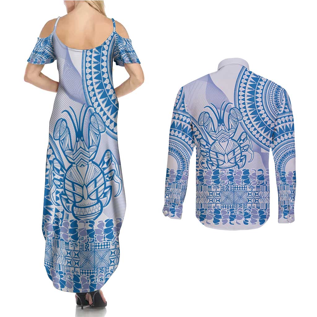 Niue Language Week Couples Matching Summer Maxi Dress and Long Sleeve Button Shirt The Rock Coconut Crab - Siapo Blue Pastel LT14 - Polynesian Pride