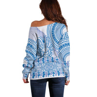 Niue Language Week Off Shoulder Sweater The Rock Coconut Crab - Siapo Blue Pastel LT14 - Polynesian Pride