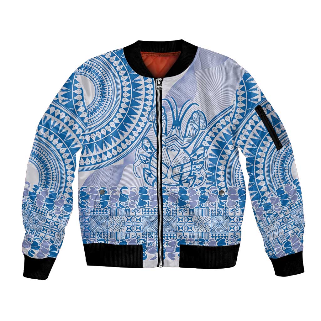 Niue Language Week Sleeve Zip Bomber Jacket The Rock Coconut Crab - Siapo Blue Pastel LT14 Unisex Blue - Polynesian Pride
