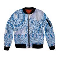 Niue Language Week Sleeve Zip Bomber Jacket The Rock Coconut Crab - Siapo Blue Pastel LT14 Unisex Blue - Polynesian Pride