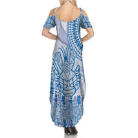 Niue Language Week Summer Maxi Dress The Rock Coconut Crab - Siapo Blue Pastel LT14 - Polynesian Pride