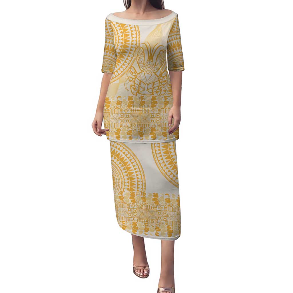 Niue Language Week Puletasi The Rock Coconut Crab - Siapo Gold Pastel LT14 Long Dress Gold - Polynesian Pride