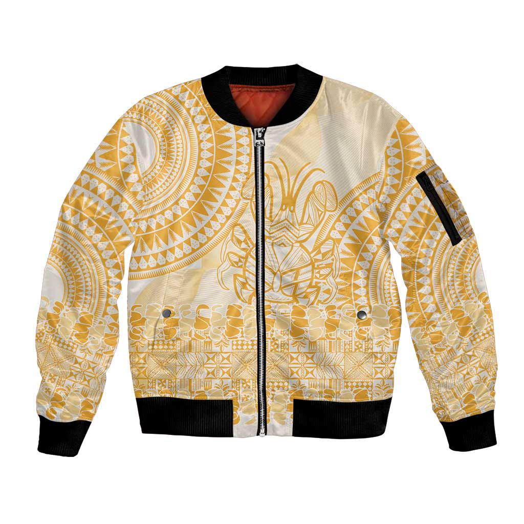Niue Language Week Sleeve Zip Bomber Jacket The Rock Coconut Crab - Siapo Gold Pastel LT14 Unisex Gold - Polynesian Pride