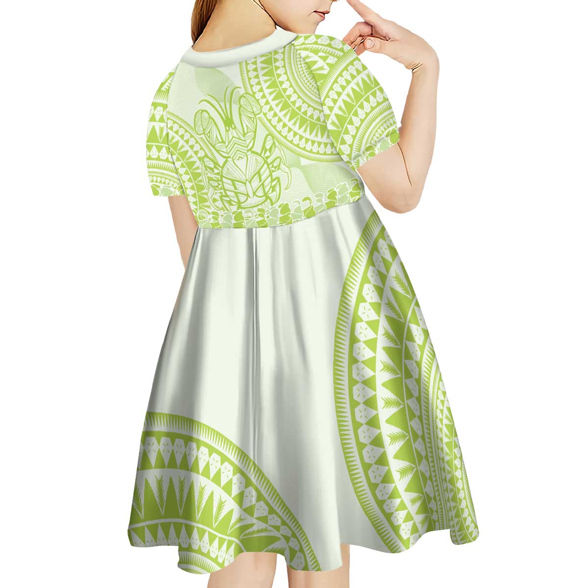 Lime Green Niue Language Week Kid Short Sleeve Dress The Rock Coconut Crab - Siapo Pattern LT14 - Polynesian Pride