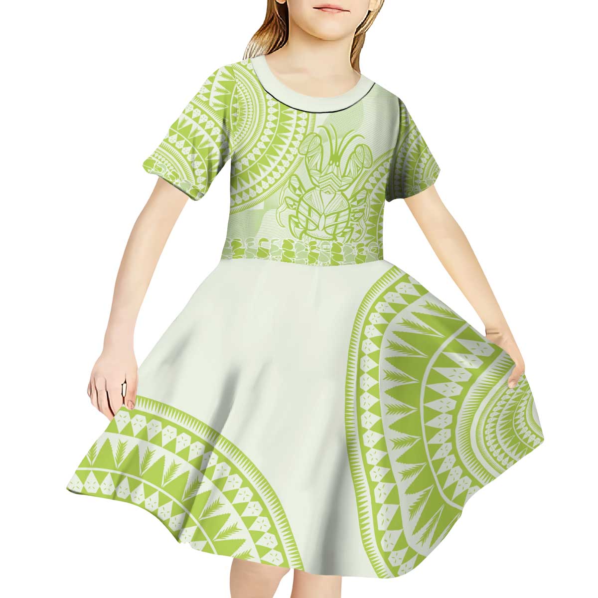 Lime Green Niue Language Week Kid Short Sleeve Dress The Rock Coconut Crab - Siapo Pattern LT14 - Polynesian Pride