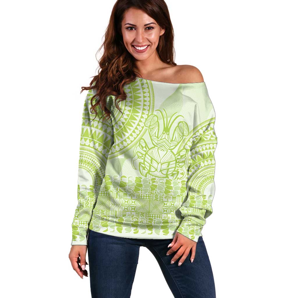 Lime Green Niue Language Week Off Shoulder Sweater The Rock Coconut Crab - Siapo Pattern LT14 Women Lime Green - Polynesian Pride