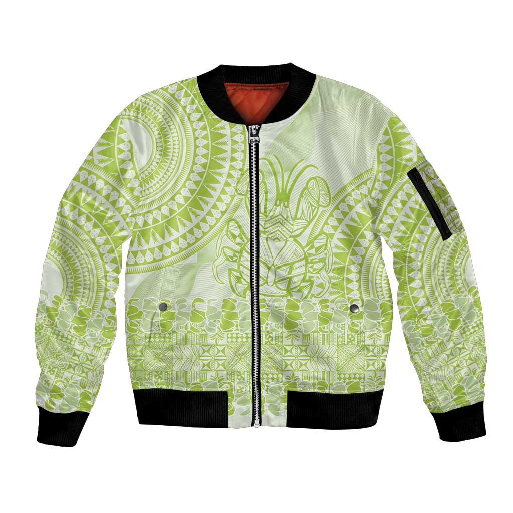 Lime Green Niue Language Week Sleeve Zip Bomber Jacket The Rock Coconut Crab - Siapo Pattern LT14 Unisex Lime Green - Polynesian Pride