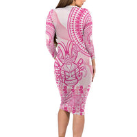Pink Niue Language Week Long Sleeve Bodycon Dress The Rock Coconut Crab - Siapo Pattern LT14 - Polynesian Pride