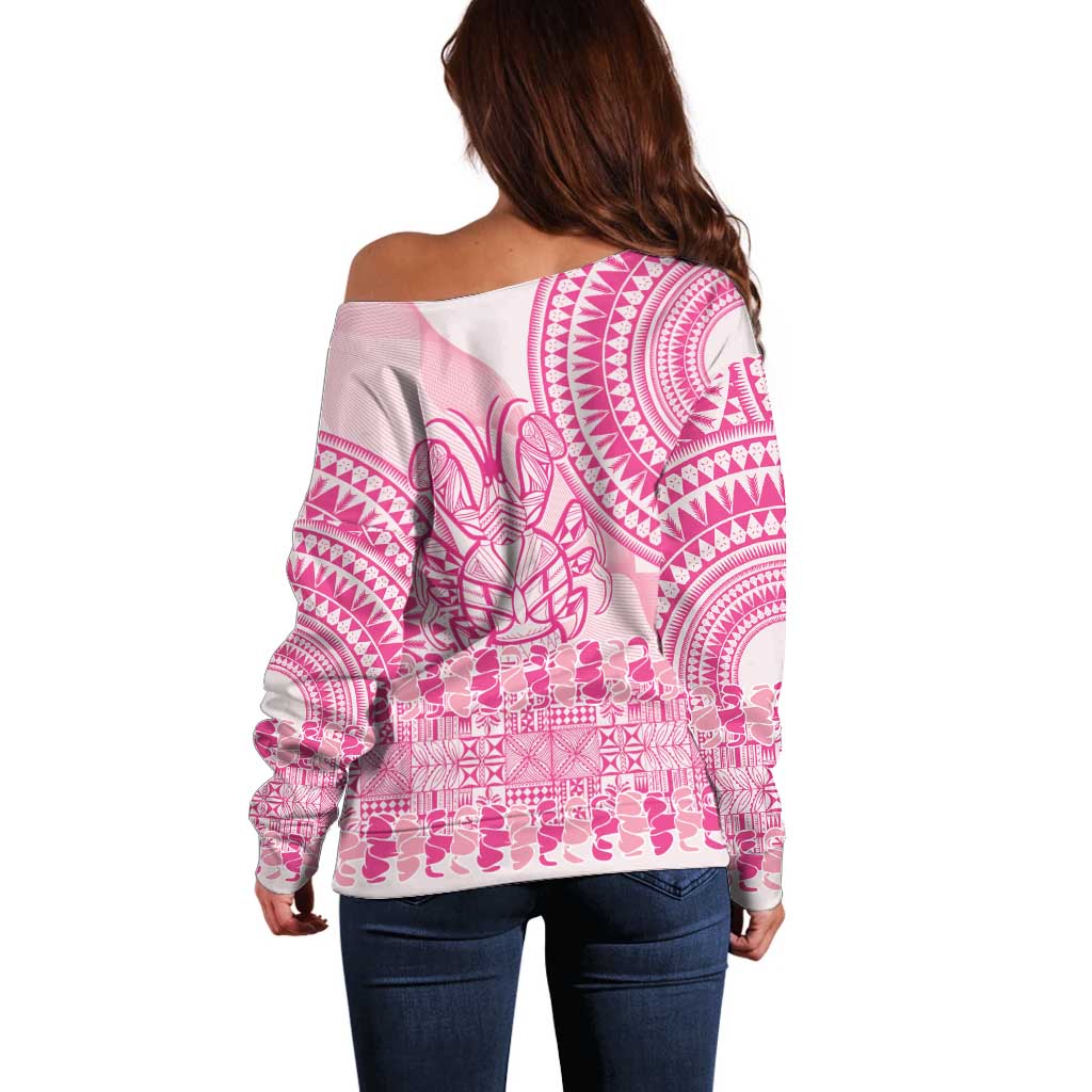 Pink Niue Language Week Off Shoulder Sweater The Rock Coconut Crab - Siapo Pattern LT14 - Polynesian Pride