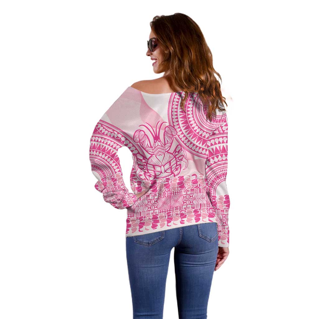 Pink Niue Language Week Off Shoulder Sweater The Rock Coconut Crab - Siapo Pattern LT14 - Polynesian Pride