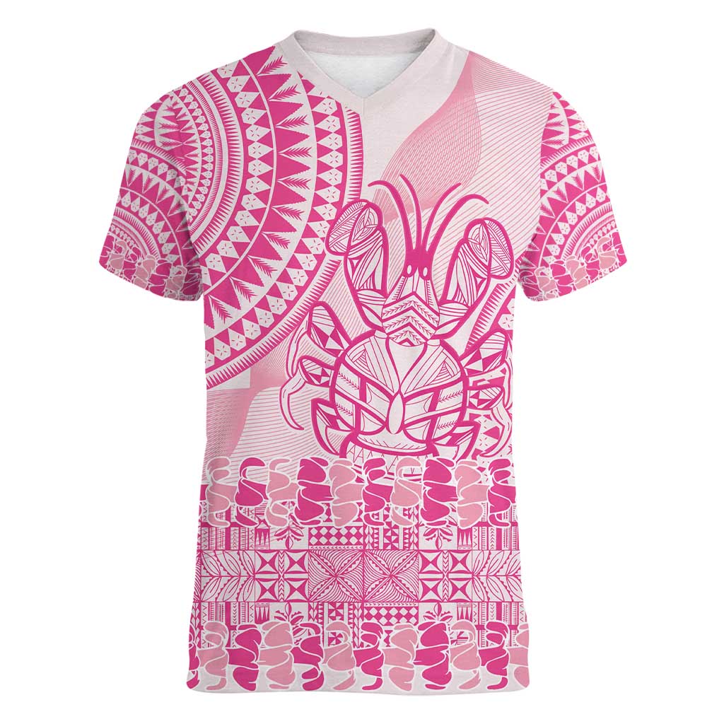 Pink Niue Language Week Women V-Neck T-Shirt The Rock Coconut Crab - Siapo Pattern