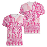 Pink Niue Language Week Women V-Neck T-Shirt The Rock Coconut Crab - Siapo Pattern LT14 - Polynesian Pride