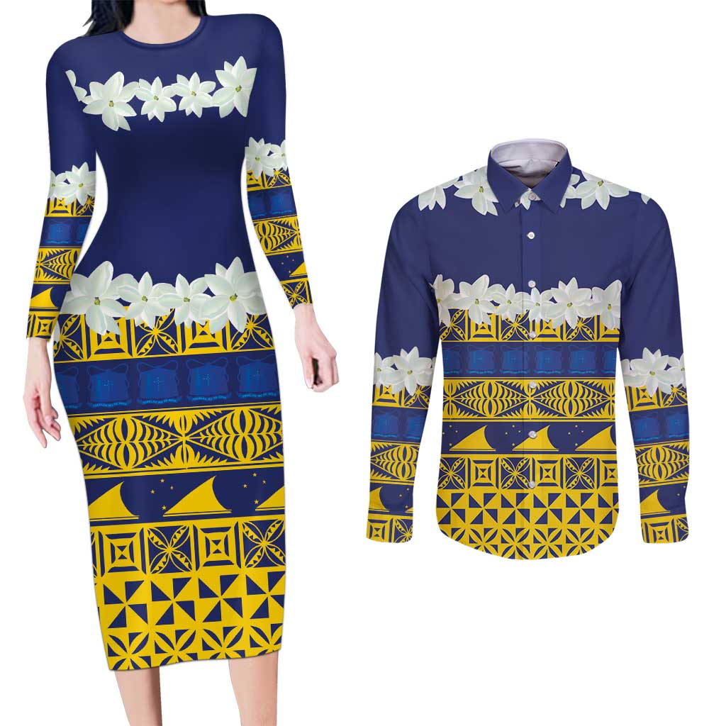 Tokelau Language Week Couples Matching Long Sleeve Bodycon Dress and Long Sleeve Button Shirt Tokelauan Tuluma With Gardenia Thunbergia