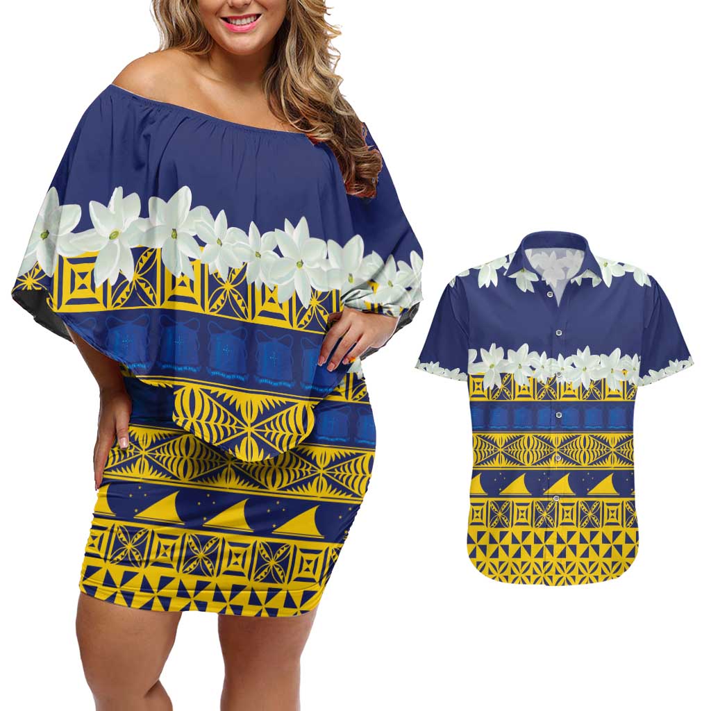 Tokelau Language Week Couples Matching Off Shoulder Short Dress and Hawaiian Shirt Tokelauan Tuluma With Gardenia Thunbergia