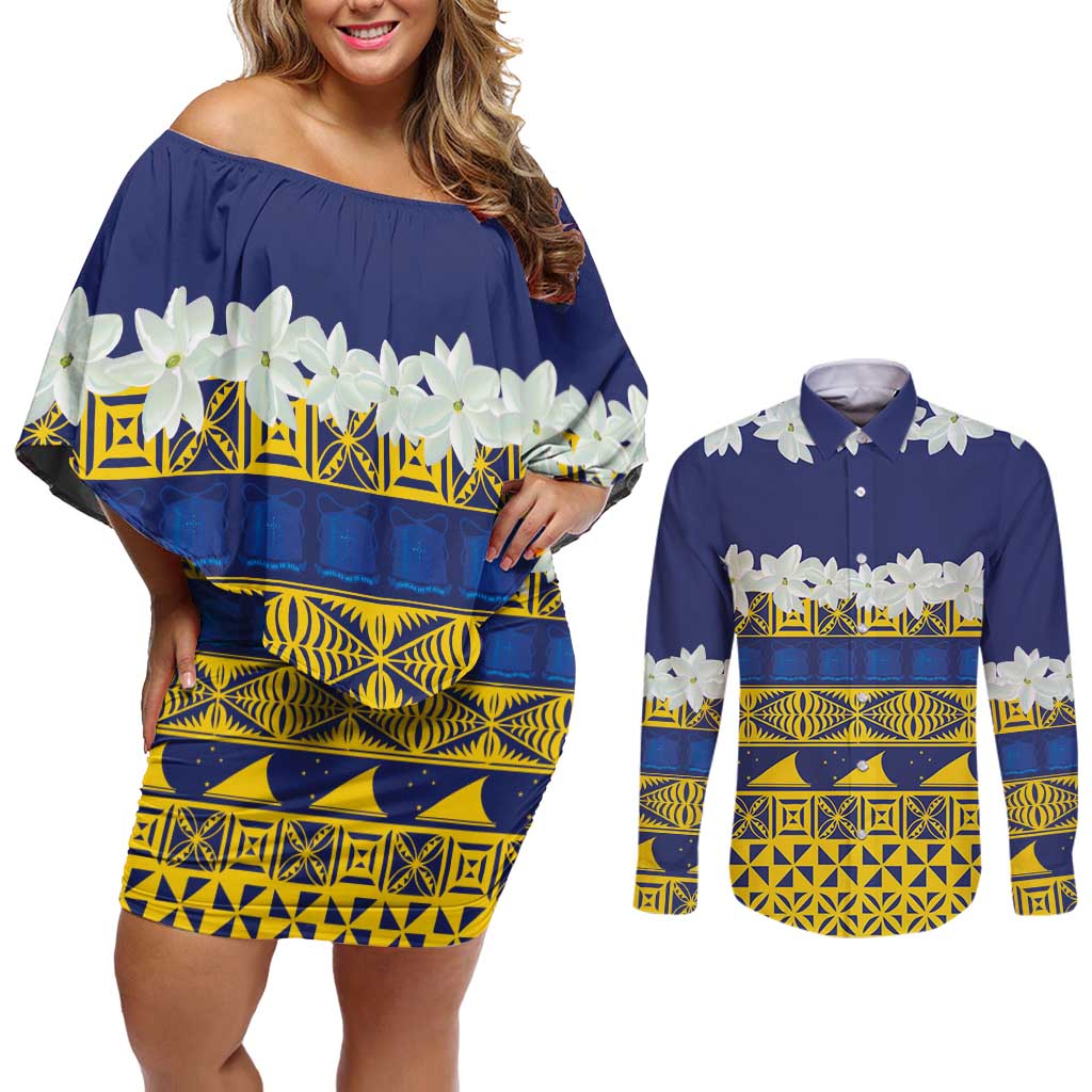 Tokelau Language Week Couples Matching Off Shoulder Short Dress and Long Sleeve Button Shirt Tokelauan Tuluma With Gardenia Thunbergia