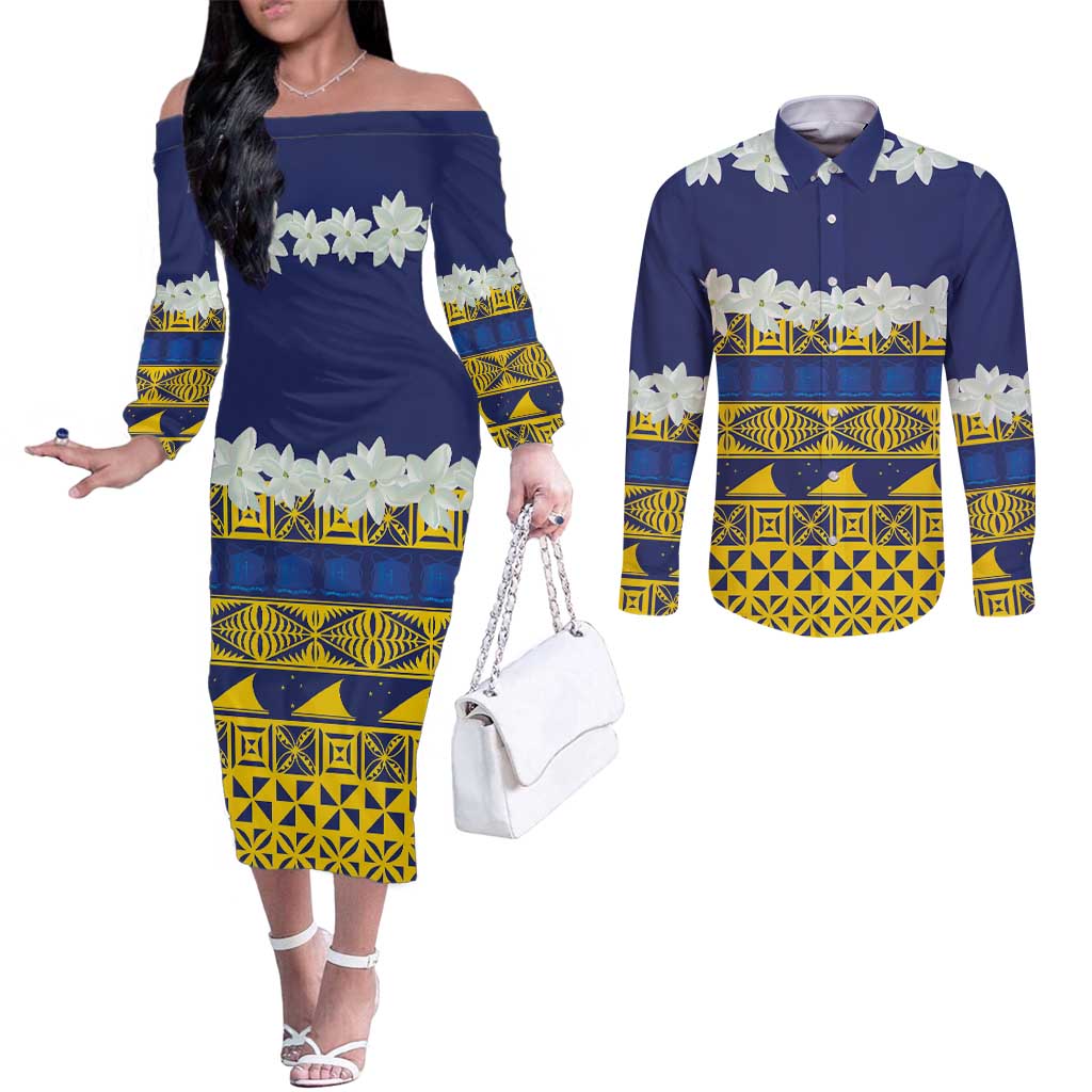 Tokelau Language Week Couples Matching Off The Shoulder Long Sleeve Dress and Long Sleeve Button Shirt Tokelauan Tuluma With Gardenia Thunbergia