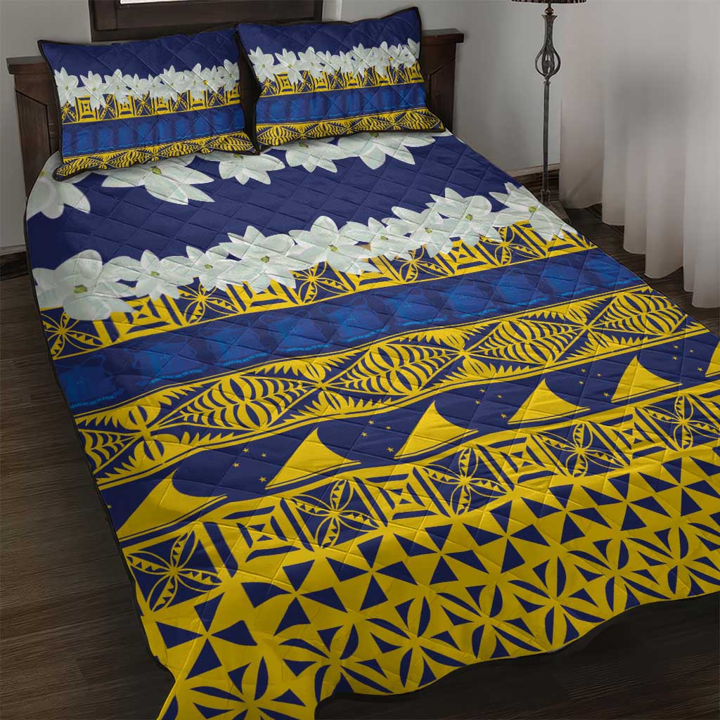Tokelau Language Week Quilt Bed Set Tokelauan Tuluma With Gardenia Thunbergia LT14 Blue - Polynesian Pride