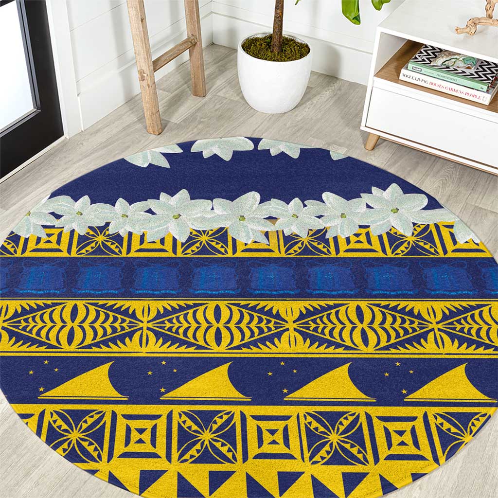 Tokelau Language Week Round Carpet Tokelauan Tuluma With Gardenia Thunbergia LT14 Blue - Polynesian Pride